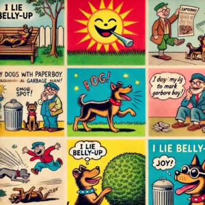 A retro cartoon-style illustration capturing the whimsical thoughts of a dog with its human as inspired by the poem 'I lie belly-up'. The scene is liv