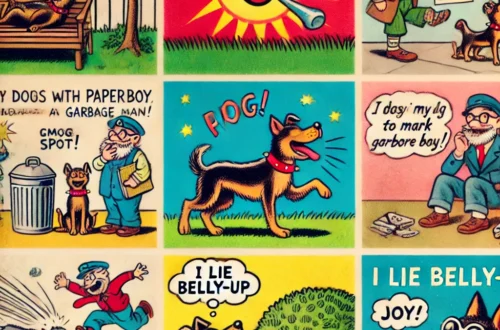 A retro cartoon-style illustration capturing the whimsical thoughts of a dog with its human as inspired by the poem 'I lie belly-up'. The scene is liv