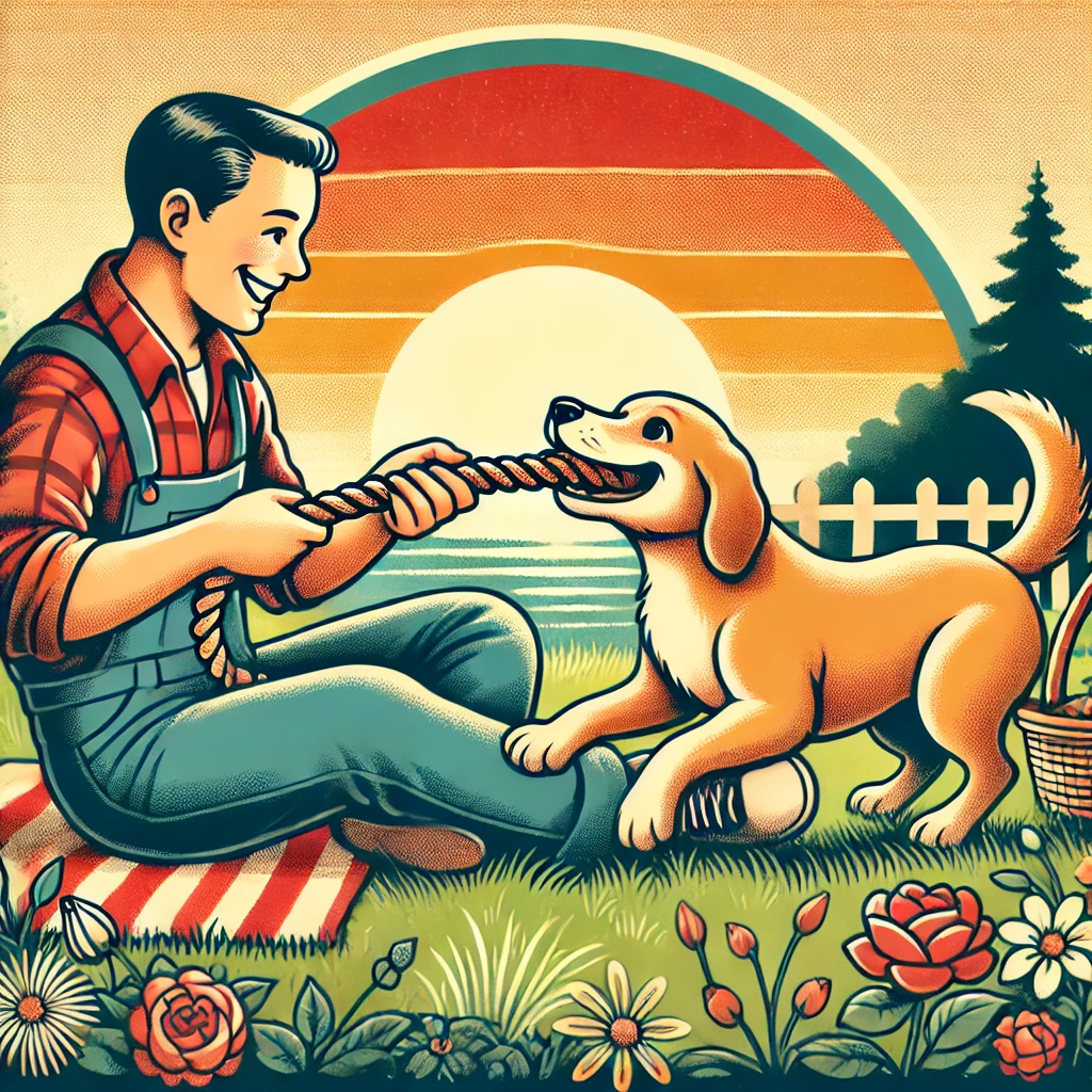 A retro cartoon-style image depicting a heartwarming scene of a person and their dog in a cozy outdoor setting. The dog is happily playing tug-of-war