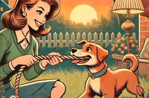 A retro cartoon-style image depicting a heartwarming scene of a woman and her dog in a cozy outdoor setting. The woman is happily playing tug-of-war w