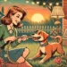 A retro cartoon-style image depicting a heartwarming scene of a woman and her dog in a cozy outdoor setting. The woman is happily playing tug-of-war w