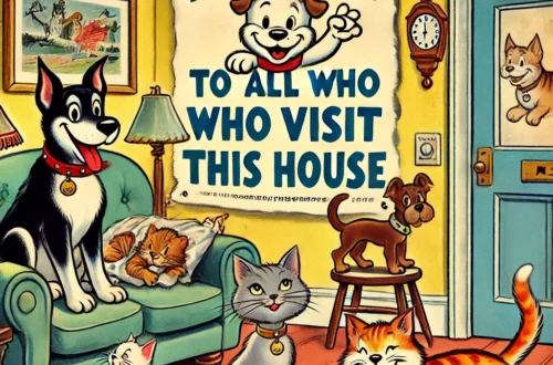 A retro cartoon-style image depicting a cozy living room with playful pets lounging on the furniture. A humorous sign hangs on the wall reading 'Notic