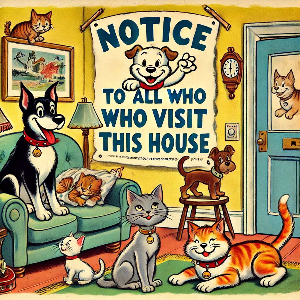 A retro cartoon-style image depicting a cozy living room with playful pets lounging on the furniture. A humorous sign hangs on the wall reading 'Notic