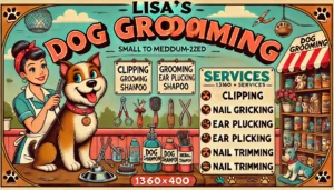 A retro cartoon-style header image for Lisa's Dog Grooming website, sized 1360x400 pixels. The scene features a cheerful and welcoming grooming salon