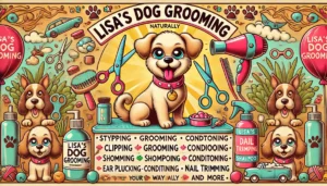 A retro cartoon-style header image for Lisa's Dog Grooming website. The image features a cheerful grooming scene with a bri