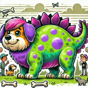 A retro cartoon-style illustration featuring a medium-sized dog styled as a dinosaur, with ridges shaped along its back and bright green and purple fu