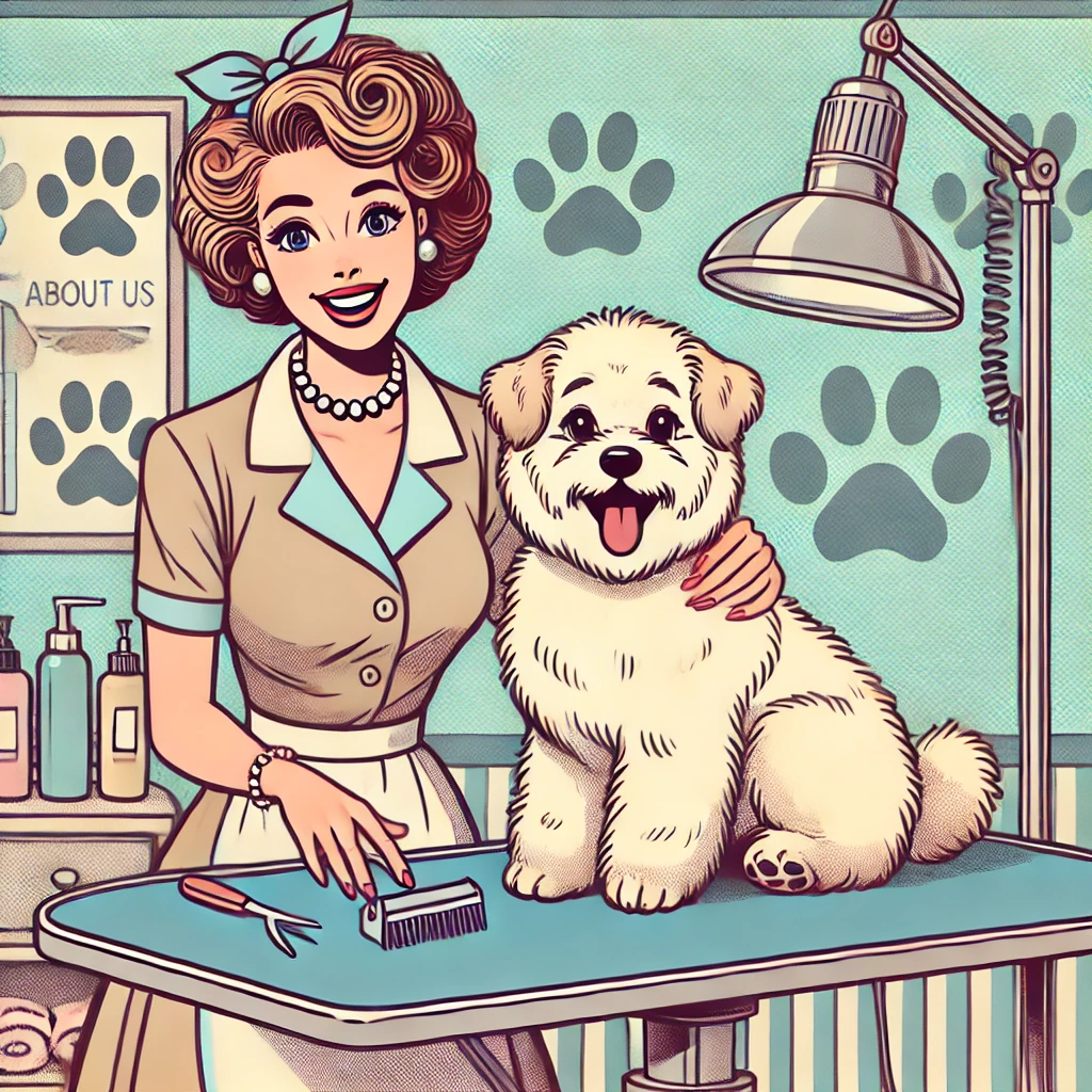 A retro cartoon-style illustration for an 'About Us' section of a dog grooming website. The image features a cheerful female groomer in a vintage outf