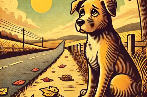 A retro cartoon-style illustration inspired by the poignant poem 'A Dog Sits Waiting'. The scene features a loyal dog sitting alone by a quiet, windin