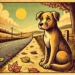 A retro cartoon-style illustration inspired by the poignant poem 'A Dog Sits Waiting'. The scene features a loyal dog sitting alone by a quiet, windin