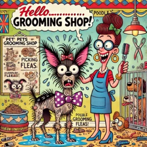 A retro cartoon-style illustration inspired by the whimsical poem 'Hello....... Grooming Shop!'. The scene humorously portrays a chaotic pet grooming