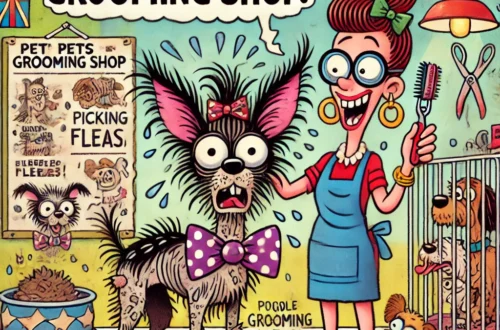 A retro cartoon-style illustration inspired by the whimsical poem 'Hello....... Grooming Shop!'. The scene humorously portrays a chaotic pet grooming