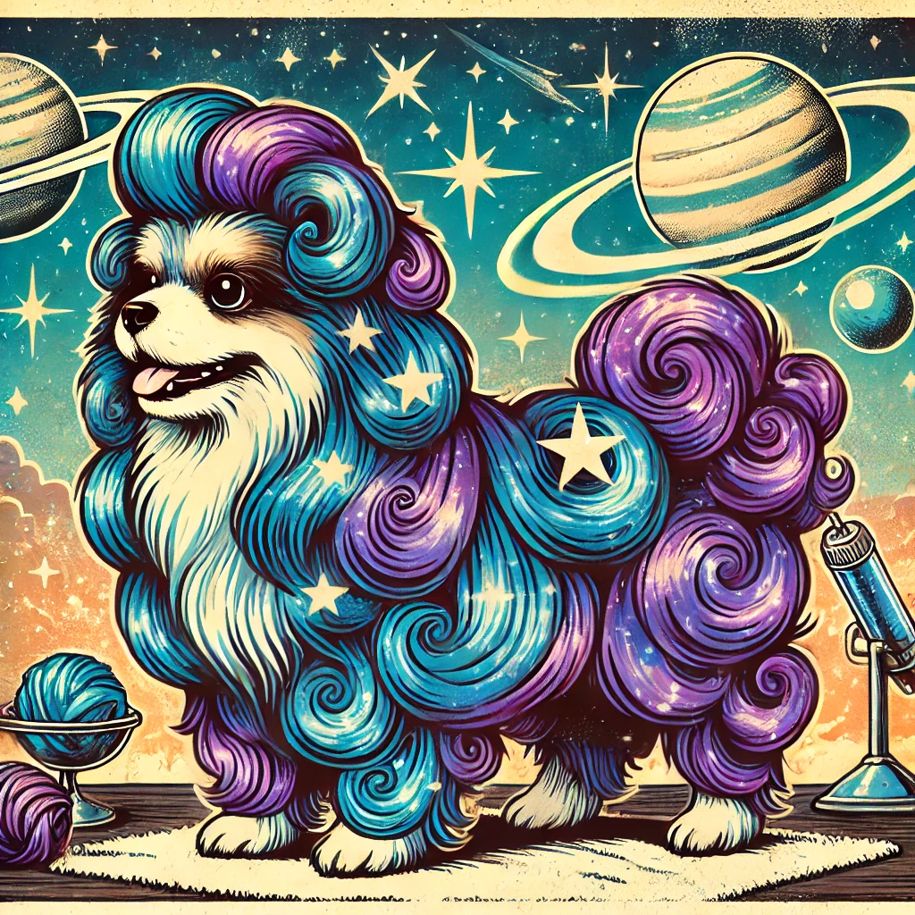 A retro cartoon-style illustration of a dog styled in Galactic Glamour Groom, featuring fur dyed to resemble a galaxy with swirls of deep blues, purpl