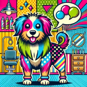 A retro cartoon-style illustration of a dog styled in Pop Art fashion, featuring bold geometric patterns, neon colors, and comic book-style speech bub