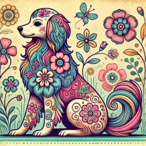 A retro cartoon-style illustration of a dog with intricate floral patterns groomed and dyed onto its fur, featuring bright pastel colors and designs o