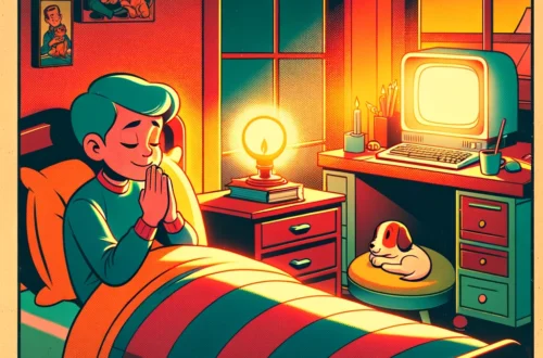 A retro cartoon-style image depicting a cozy bedroom with a young person laying in bed, hands clasped in prayer. The room is warmly lit, with a small