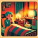 A retro cartoon-style image depicting a cozy bedroom with a young person laying in bed, hands clasped in prayer. The room is warmly lit, with a small